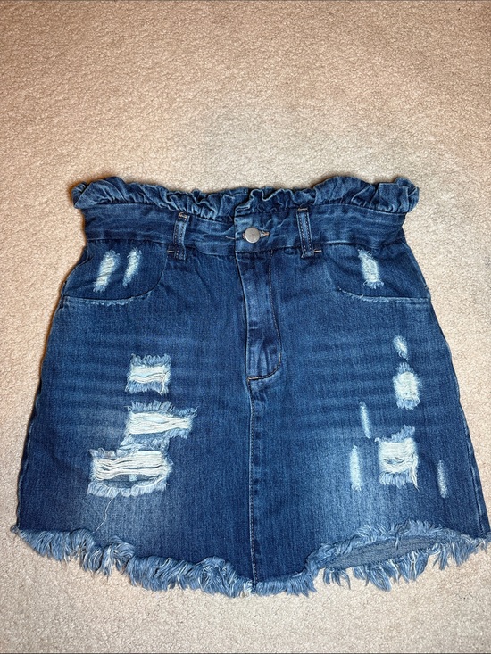 Hayden Los Angeles Dresses & Skirts - Hayden Los Angeles Ruffled Paperbag Waist Distressed Denim Mini Skirt - Blue
